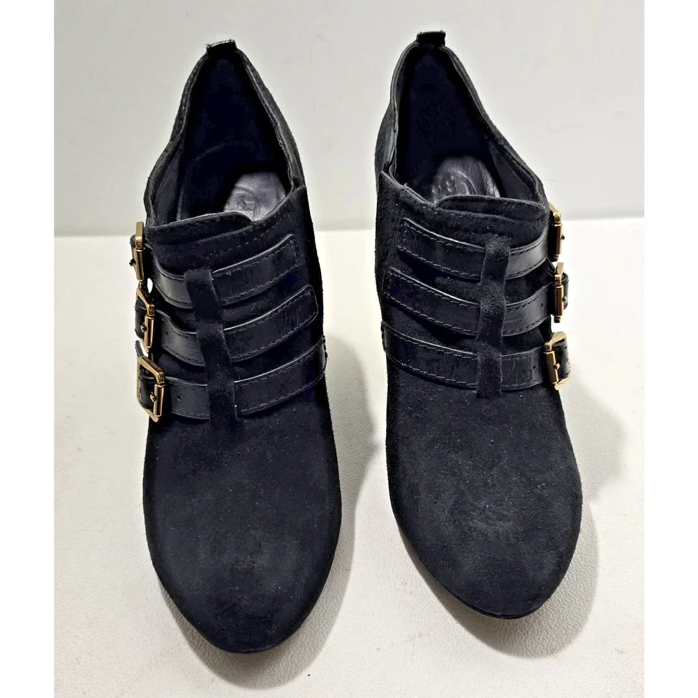 Tory Burch Womens Gabrielle Black Suede Wedge Ankle Boots Buckles 9 M